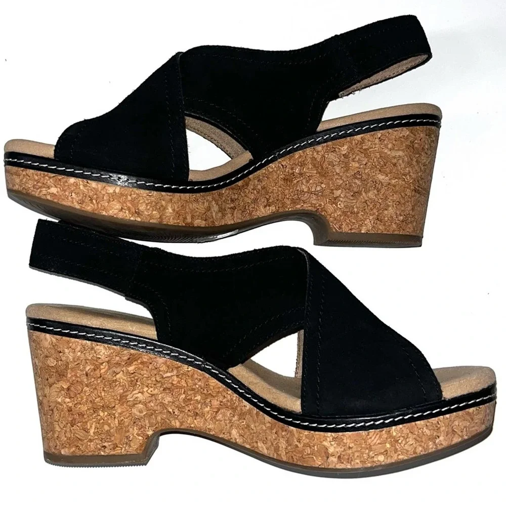 Clarks Black Suede Wedge Sandals Size 9 - Picture 5 of 12